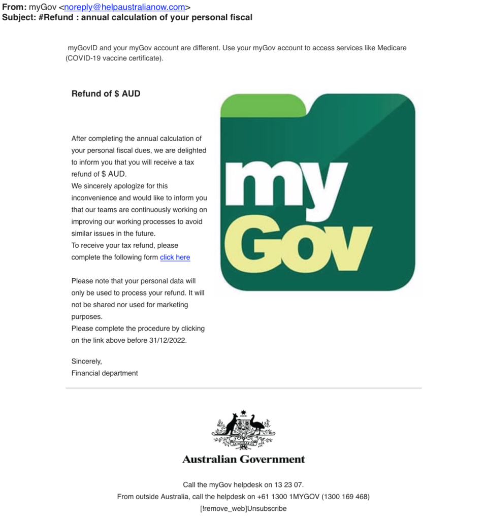 Fake my GOV email - the email is identified to be fake due to multiple errors such as unprofessional and strange terminology, and the incorrect use of '.com' in the email and website url.